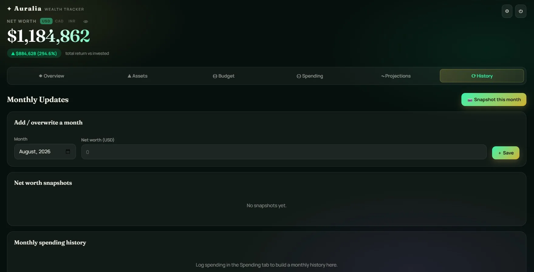 Auralia history page for logging monthly net worth snapshots and spending history